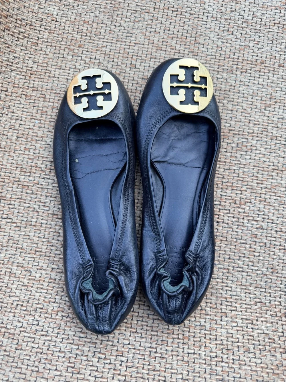 Tory Burch Black Leather Flats with Gold Logo Medallions